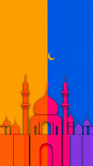 Colorful Paper Cutout Mosque at Night Under a Crescent Moon, Architecture Background