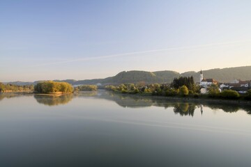 Marktl, view over Inn river, Upper Bavaria, Germany, Europe