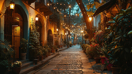 Fototapeta premium Mexico City in the very old times, all the streets adorned with festive with lights 
