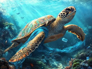 Fototapeta premium Majestic Sea Turtle Swimming Gracefully Among Vibrant Coral Reefs, Surrounded by Ocean Life, with Plastic Debris Highlighting Marine Pollution Issues