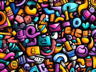 Obraz premium Vivid Abstract Graffiti Illustration Spreads Colorful Shapes and Bold Lines Dynamically Across Canvas