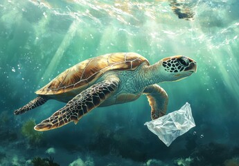 Fototapeta premium Majestic Sea Turtle Swimming Gracefully in Clear Ocean Water with Plastic Waste Highlighting Environmental Concerns and Marine Life Conservation Efforts