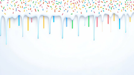 Sweet white icing drips with colorful sprinkles cascading down a white background, creating a fun and festive dessert scene.