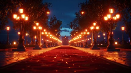 A beautifully lit pathway lined with ornate streetlamps under a twilight sky, inviting evening strolls