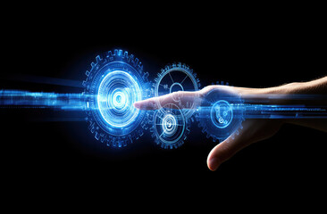 Digital Interface with Hand Pointing at Futuristic Technology Icons