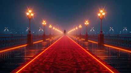 Fototapeta premium A solitary figure walks along a glowing red carpet on a foggy pier at night, illuminated by streetlights