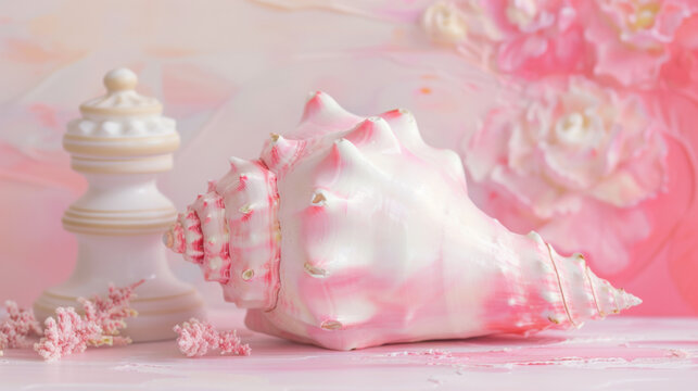 Pink conch shell with decorative elements and glass bottle on pastel background, soft light still life