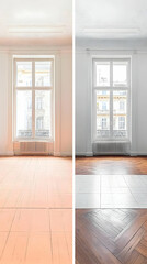 Obraz premium Empty Room Before and After Renovation Shows New Wood Floor and Fresh Paint Beautifully