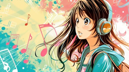 An anime-style illustration of a girl with long brown hair listening to music with headphones.