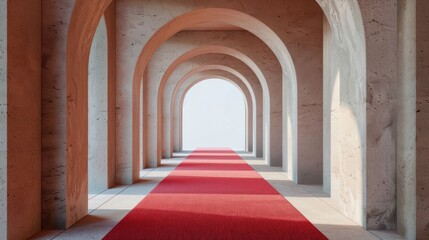 Obraz premium Elegant hallway with arches and a red carpet leading to a bright exit, showcasing minimalist design