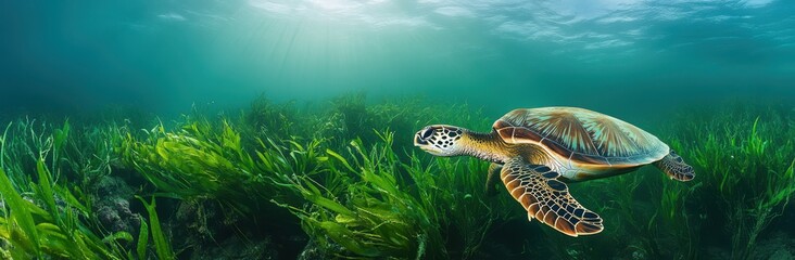Obraz premium Majestic Sea Turtle Swimming Gracefully Through Vibrant Underwater Seagrass Landscape in Clear Tropical Waters