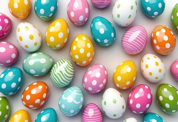 Obraz premium Colorful Easter eggs with polka dots and stripes on white background.