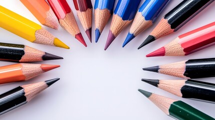 Fototapeta premium Colored pencils arranged in a circle on a white background, creating a vibrant and colorful frame.