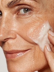 Naklejka premium Close-up of mature woman applying facial cream on cheek, promoting skincare routine with smooth glowing skin
