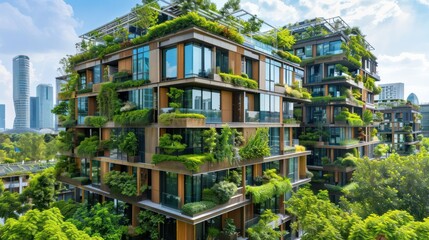 Fototapeta premium Modern eco-friendly residential building with lush greenery and city skyline in the background