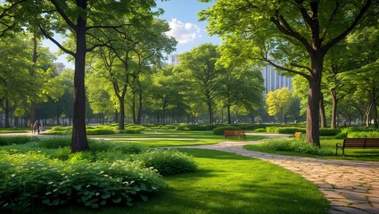 Lush green spaces and wooded areas in urban parks