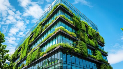 Modern eco-friendly building with vertical gardens under a bright blue sky and fluffy clouds