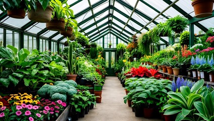 Obraz premium Lush greenhouse abundant with vibrant plants and flowers