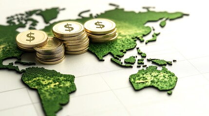 A world map with highlighted GDP growth regions, global financial prosperity, isolated on white background