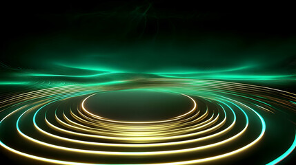 Abstract 3D Background with Glowing Neon Lights Forms a Circular Stage with Green Waves