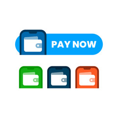 Flat illustration of a smartphone screen displaying a digital wallet, pay now button. Represents mobile payment, online transactions, and fintech applications