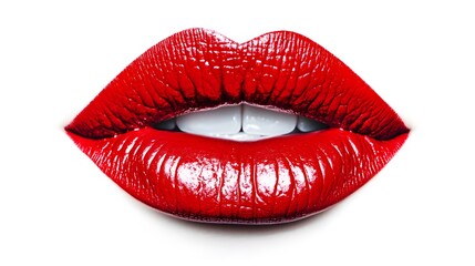 Obraz premium Close-up of red lips with glossy lipstick, a classic symbol of beauty and allure.