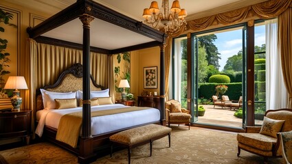 Fototapeta premium Luxurious hotel room with canopy bed and garden views