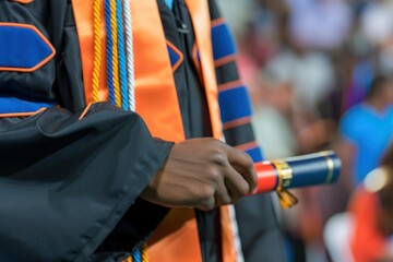 A close-up of a graduate's hand holding a diploma, with a blurred crowd in the background