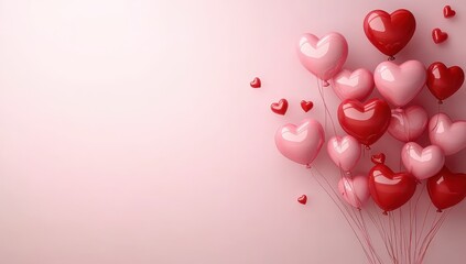 Festive cluster of pink and red heart balloons on a pastel background