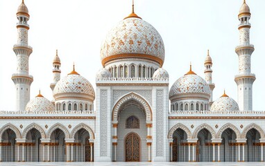 Fototapeta premium Grand white mosque exterior, ornate domes, arches, minarets, clear sky, worship/tourism