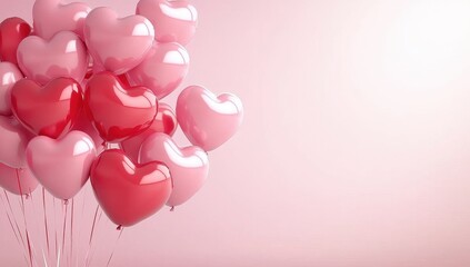 Festive cluster of pink and red heart shaped balloons against a soft pink background