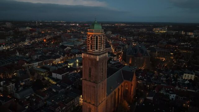 Zwolle downtown district during sunset seen from above during a winter afternoon at the Peperbus bell tower of the Basilica Onze Lieve Vrouw Tenhemelopname.