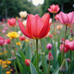 A vibrant red tulip stands tall amidst a colorful field of tulips and other spring blooms.