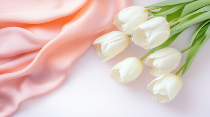 Fototapeta premium Light peach, pale pink, and white tulips gently resting on a blush fabric, with a soft lavender background blending into white