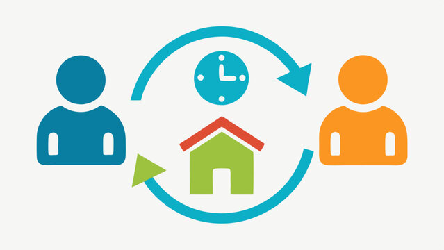Time Bank Concept A clock icon representing time credits being exchanged between two individuals each icon symbolizing different services like tutoring and house cleaning.