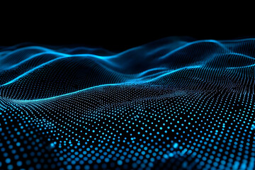 Abstract blue particle wave flows smoothly and dynamically across a black background.