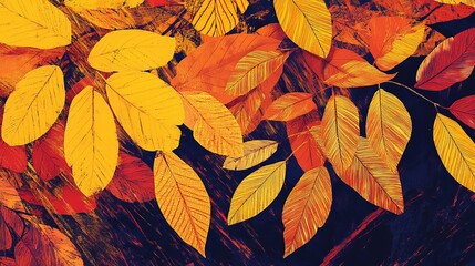 Abstract fall leaves, vibrant colors, textured background.