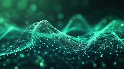 Abstract green digital landscape with flowing particles.