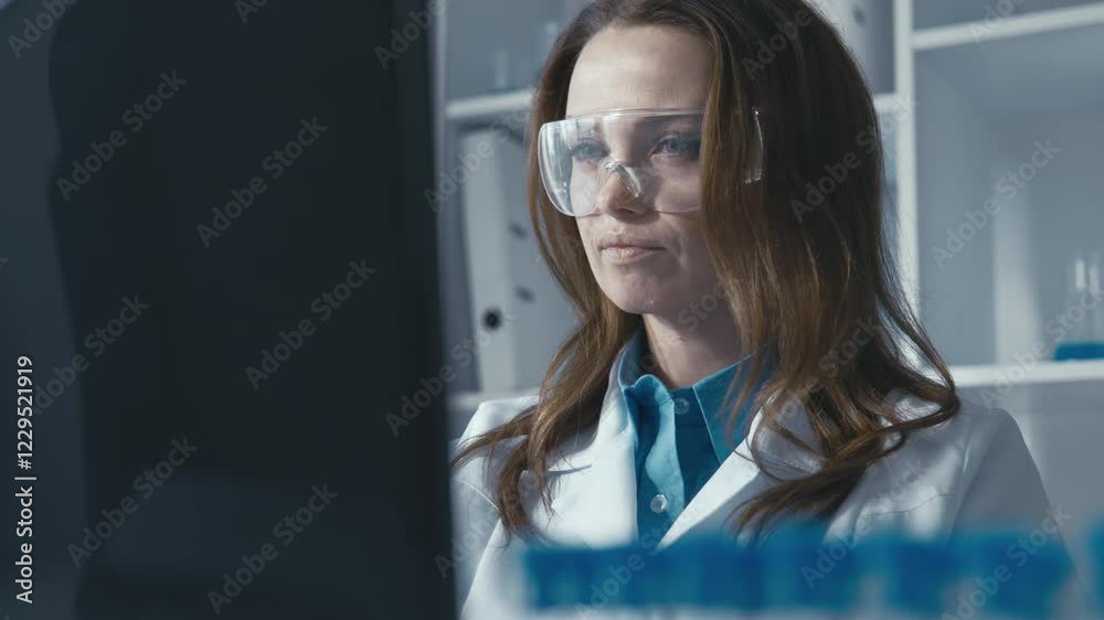 Poster A dedicated and focused scientist is meticulously analyzing complex data within a specialized laboratory environment, conducting experiments to drive innovation and advancements in various fields