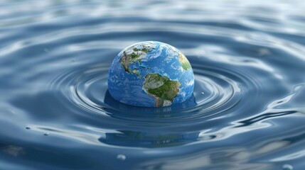 Earth floating on water surface, creating ripples, symbolizing environmental awareness and unity
