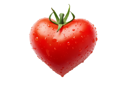 Single fresh tomato in heart shape isolated on png transparent background, generate ai 