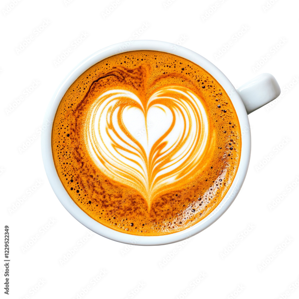 Poster an overhead close up shot of a cup of latte with heart shaped latte art.