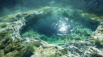 A serene geothermal pool surrounded by rocky terrain and lush greenery under a misty sky
