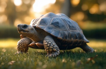 Fototapeta premium Majestic tortoise walking gracefully through lush green grass under warm sunlight in a serene outdoor setting, showcasing natural beauty and tranquility