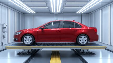 Obraz premium Red Sedan in Automotive Paint Booth