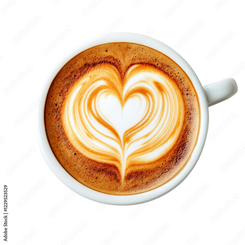 Poster overhead view of a cup of latte featuring expertly crafted heart-shaped latte art.