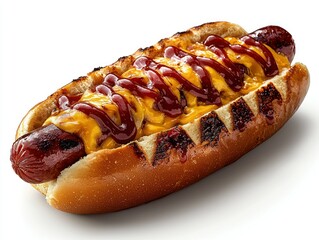 Grilled hot dog with cheese and BBQ sauce on white background