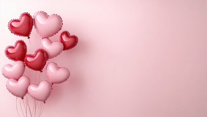 Fototapeta premium Festive Pink and Red Heart Balloons on a Light Pink Background
