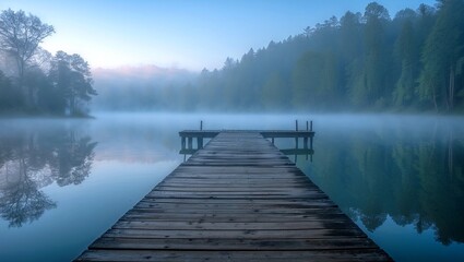 Fototapeta premium Misty lake landscape with serene morning reflections