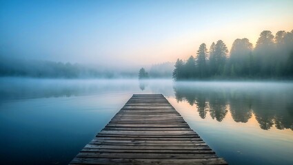 Naklejka premium Misty lake landscape with pier and serene reflections